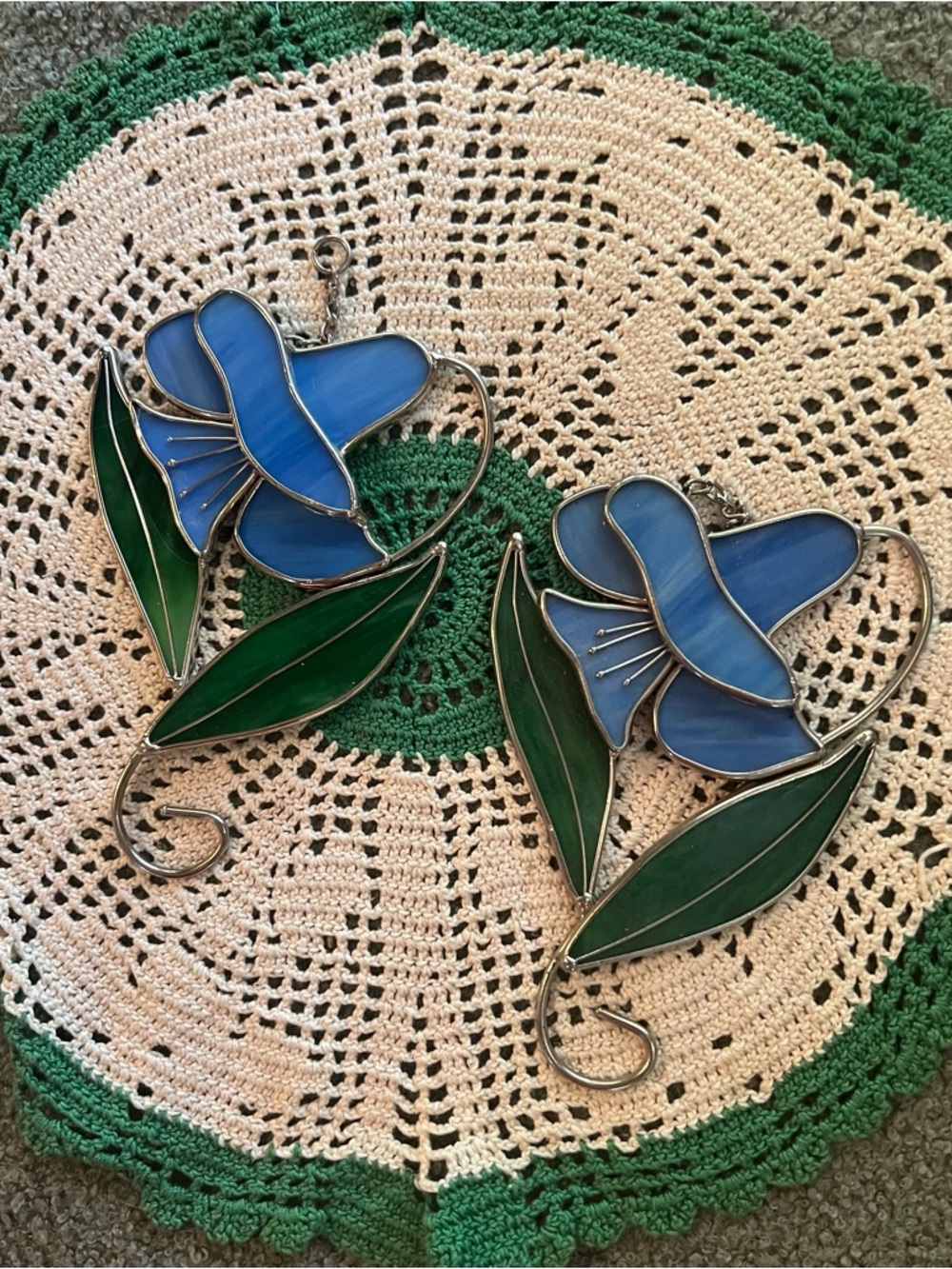 Beautiful Blue Morning Glory Iris Stained Glass Flower Suncatchers - Pair